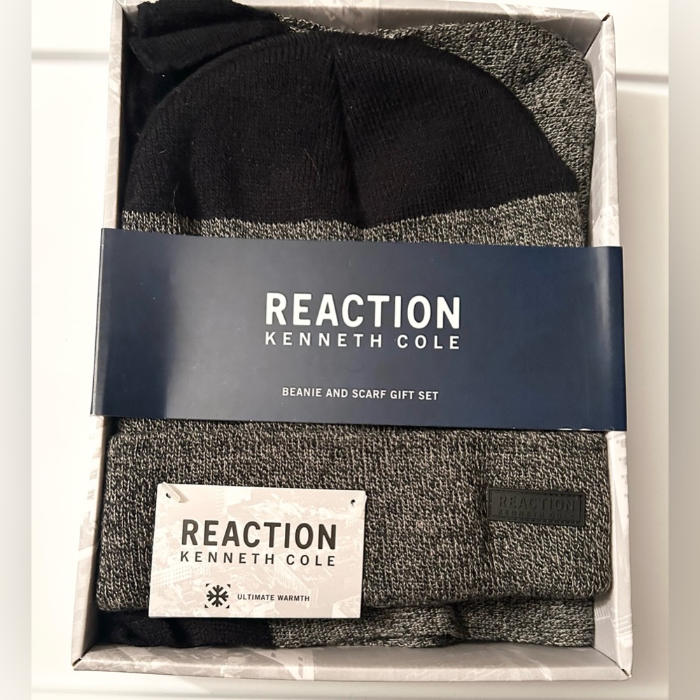 Kenneth Cole Beanie and Scarf Set Black Grey NWT
